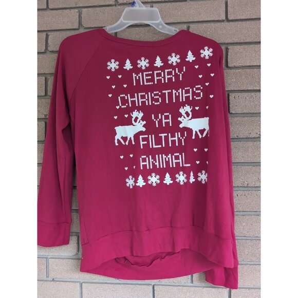Red Womens SpadeHill "Merry Christmas Ya Filty Animals" Long Sleeve T-Shirt - Picture 1 of 2